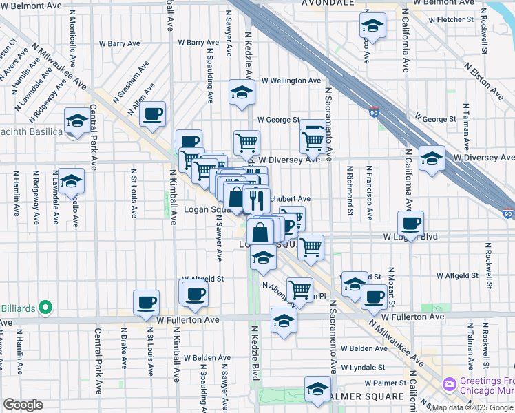 map of restaurants, bars, coffee shops, grocery stores, and more near 2628 North Troy Street in Chicago
