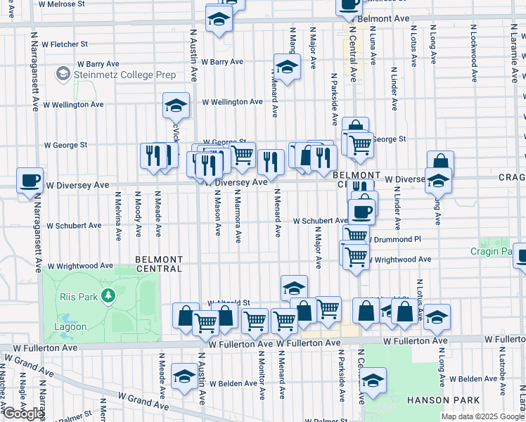 map of restaurants, bars, coffee shops, grocery stores, and more near 2715 North Monitor Avenue in Chicago