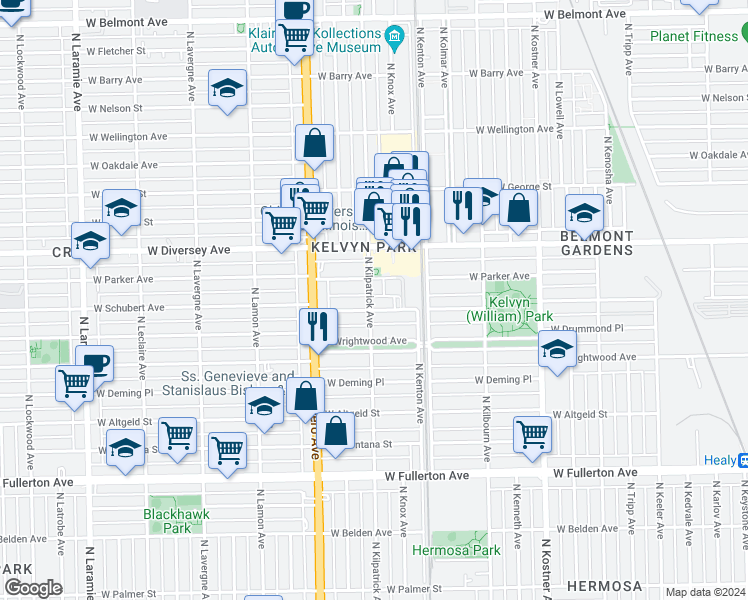 map of restaurants, bars, coffee shops, grocery stores, and more near 2709 North Kilpatrick Avenue in Chicago