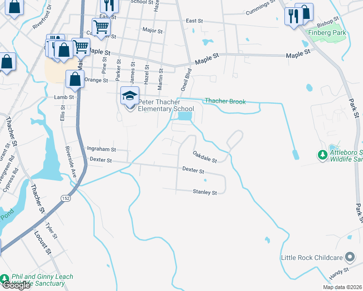 map of restaurants, bars, coffee shops, grocery stores, and more near 31 Oakdale Street in Attleboro