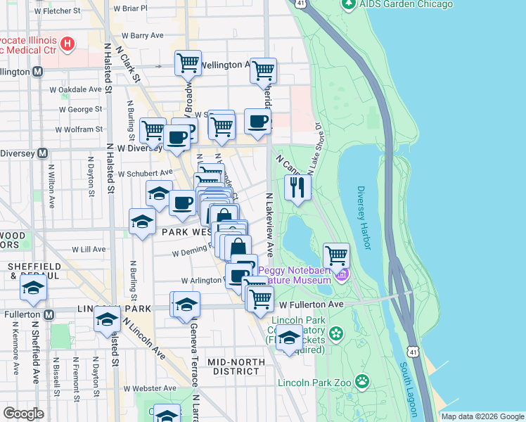 map of restaurants, bars, coffee shops, grocery stores, and more near 2520 North Stockton Drive in Chicago