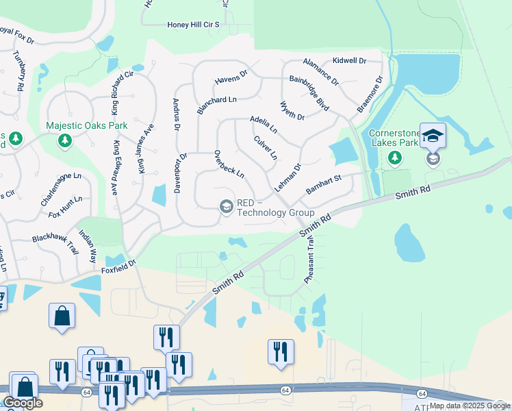 map of restaurants, bars, coffee shops, grocery stores, and more near 2550 Lehman Drive in West Chicago