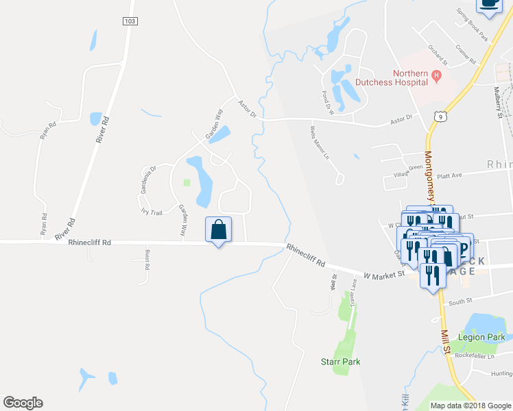 map of restaurants, bars, coffee shops, grocery stores, and more near 131 Sandalwood Lane in Rhinebeck