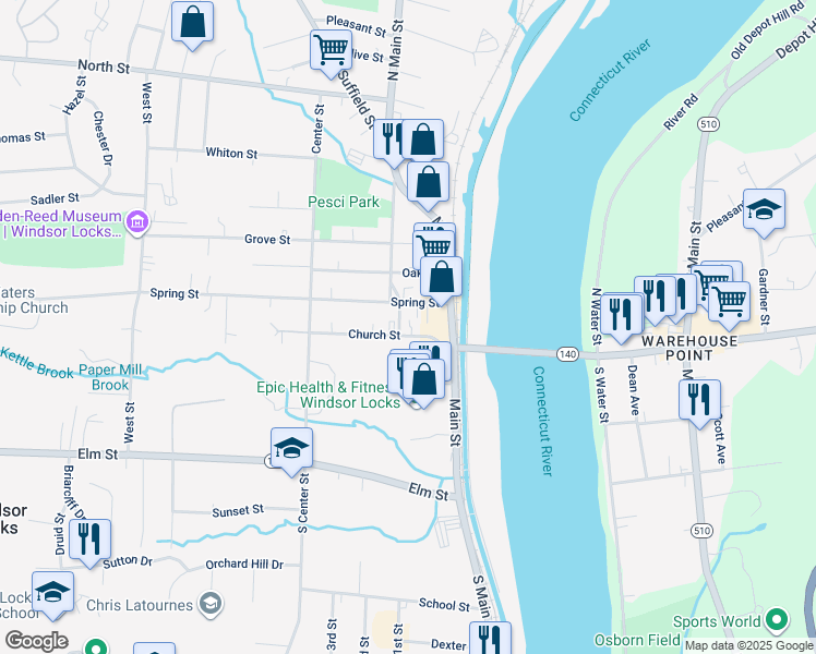 map of restaurants, bars, coffee shops, grocery stores, and more near 16 Church Street in Windsor Locks