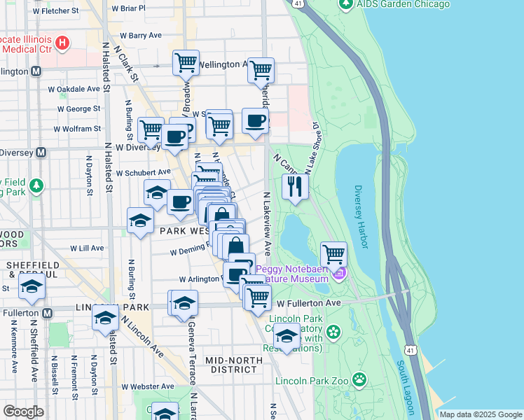 map of restaurants, bars, coffee shops, grocery stores, and more near 2520 North Stockton Drive in Chicago