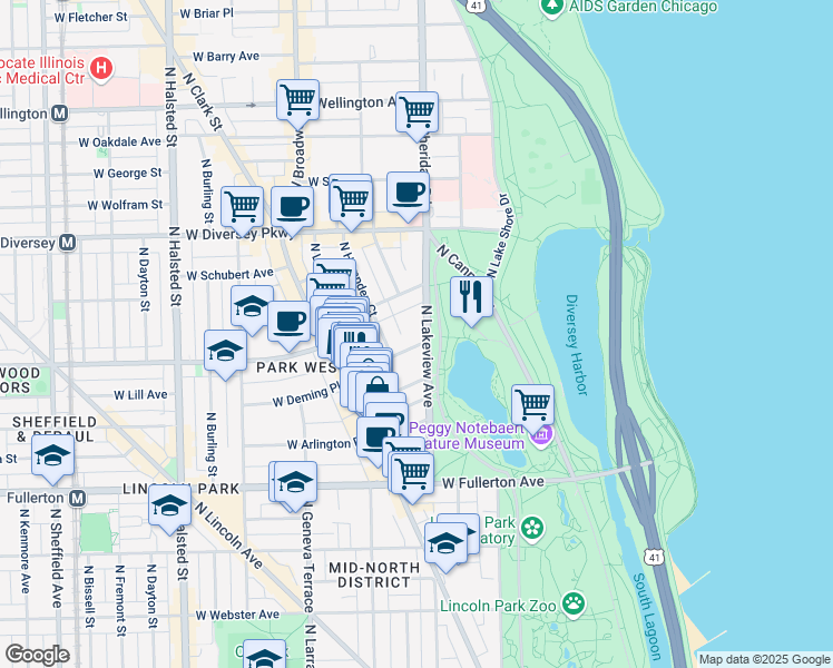 map of restaurants, bars, coffee shops, grocery stores, and more near 2520 North Stockton Drive in Chicago