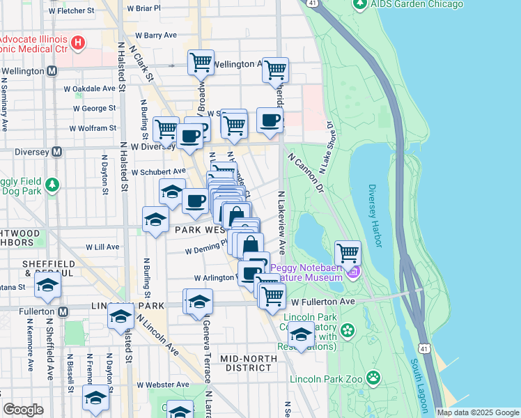 map of restaurants, bars, coffee shops, grocery stores, and more near 432 West Deming Place in Chicago