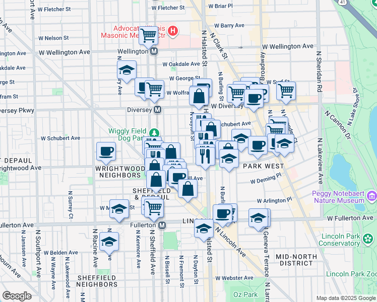 map of restaurants, bars, coffee shops, grocery stores, and more near 2615 North Mildred Avenue in Chicago