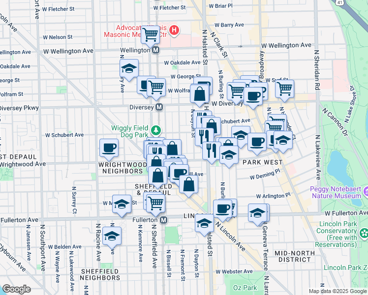 map of restaurants, bars, coffee shops, grocery stores, and more near 2615 North Mildred Avenue in Chicago