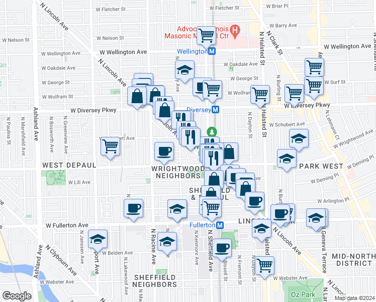 map of restaurants, bars, coffee shops, grocery stores, and more near 2638 North Lincoln Avenue in Chicago