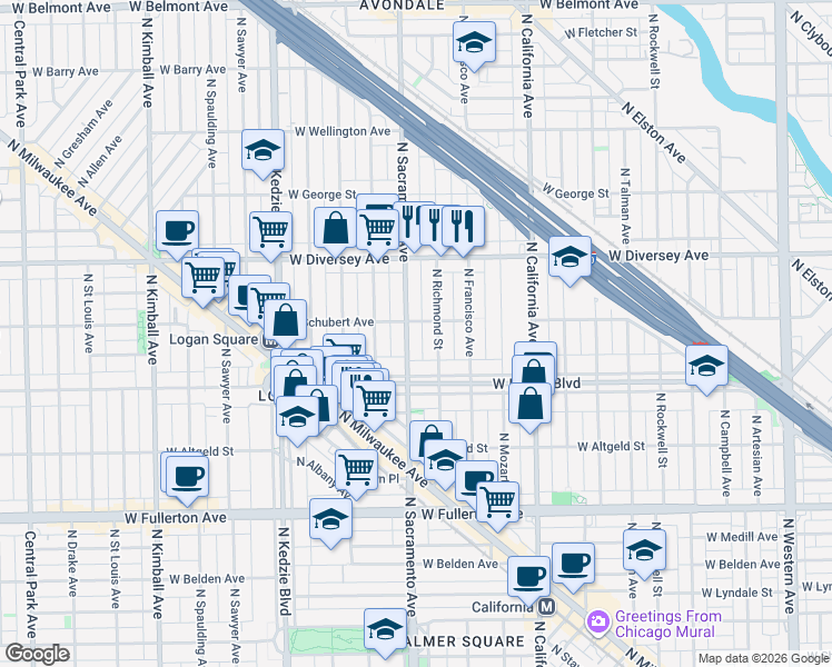 map of restaurants, bars, coffee shops, grocery stores, and more near in Chicago