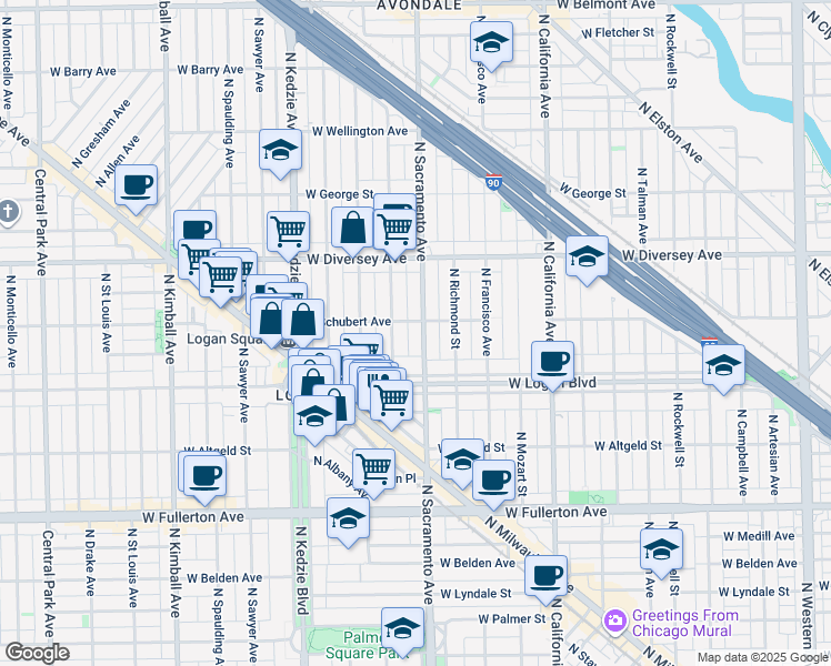 map of restaurants, bars, coffee shops, grocery stores, and more near in Chicago