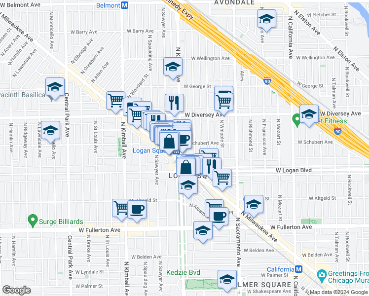 map of restaurants, bars, coffee shops, grocery stores, and more near 2628 North Troy Street in Chicago