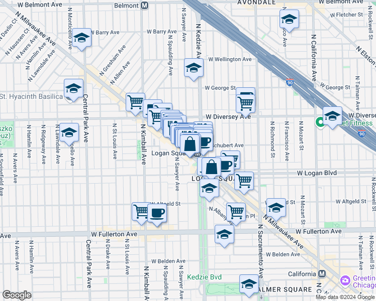 map of restaurants, bars, coffee shops, grocery stores, and more near 2620 North Milwaukee Avenue in Chicago