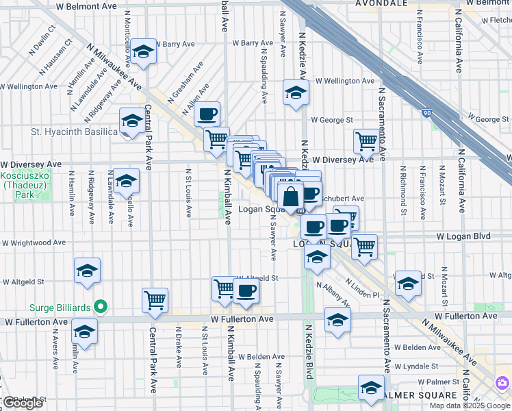 map of restaurants, bars, coffee shops, grocery stores, and more near 2634 North Spaulding Avenue in Chicago