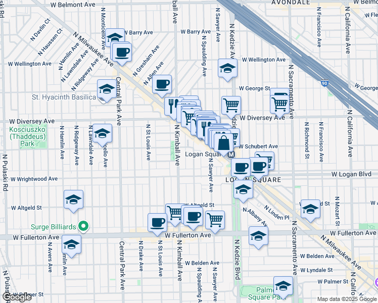 map of restaurants, bars, coffee shops, grocery stores, and more near 2634 North Spaulding Avenue in Chicago