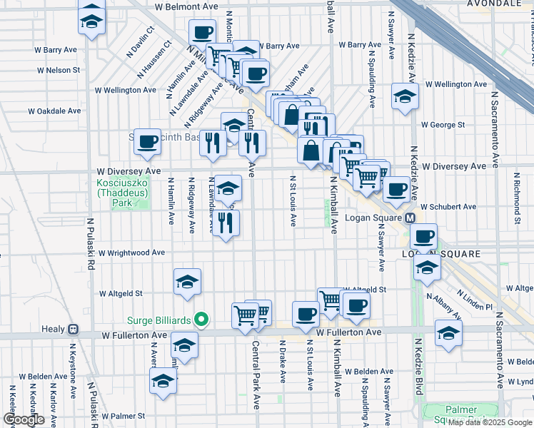map of restaurants, bars, coffee shops, grocery stores, and more near 2641 North Central Park Avenue in Chicago