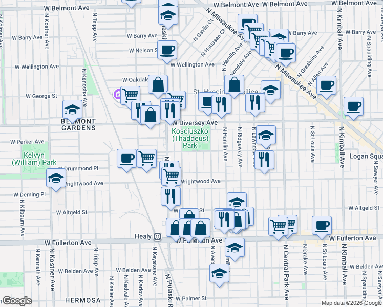 map of restaurants, bars, coffee shops, grocery stores, and more near 2642 North Springfield Avenue in Chicago