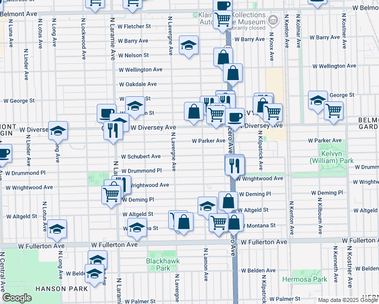 map of restaurants, bars, coffee shops, grocery stores, and more near 4925 West Schubert Avenue in Chicago