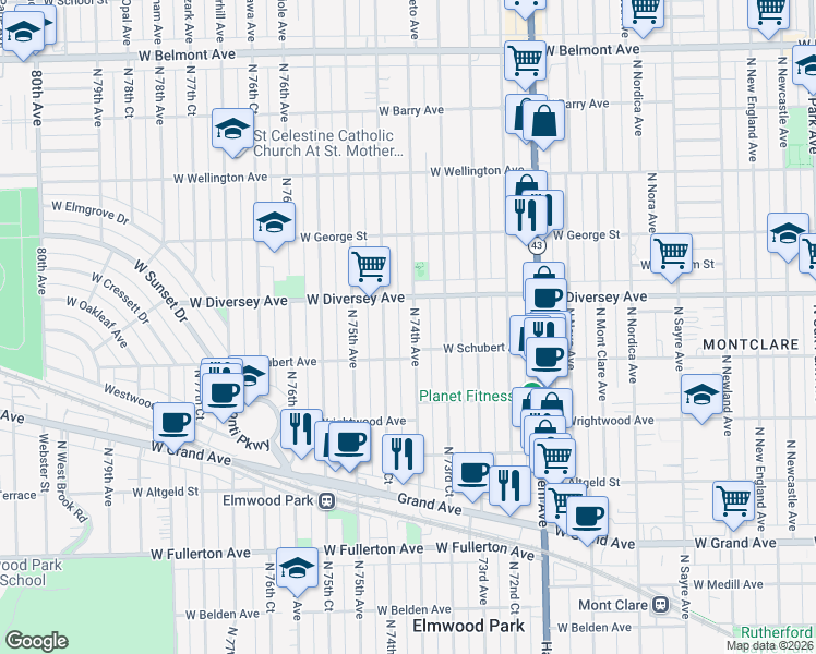 map of restaurants, bars, coffee shops, grocery stores, and more near 2712 North 74th Avenue in Elmwood Park
