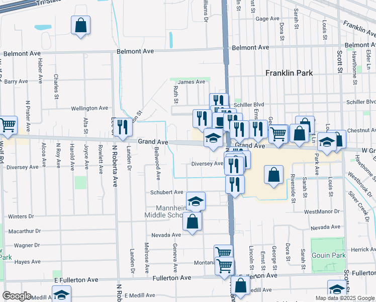 map of restaurants, bars, coffee shops, grocery stores, and more near 10512 Diversey Avenue in Melrose Park