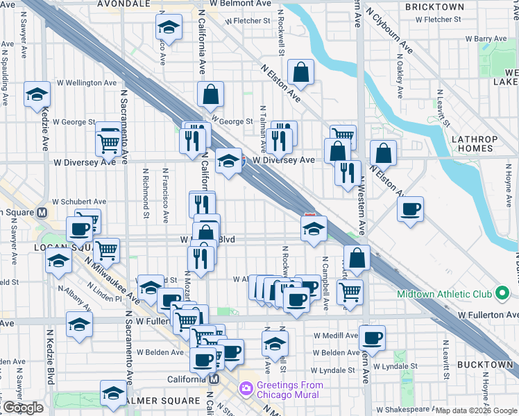 map of restaurants, bars, coffee shops, grocery stores, and more near 2638 North Talman Avenue in Chicago