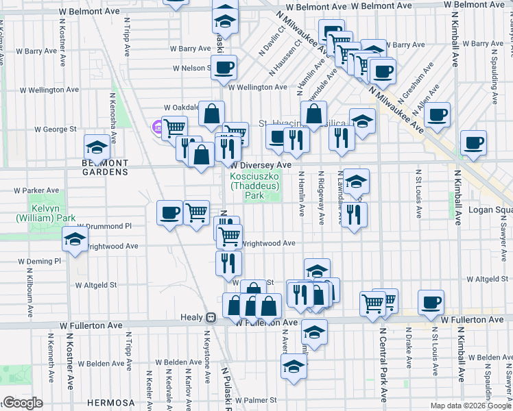 map of restaurants, bars, coffee shops, grocery stores, and more near 2642 North Springfield Avenue in Chicago
