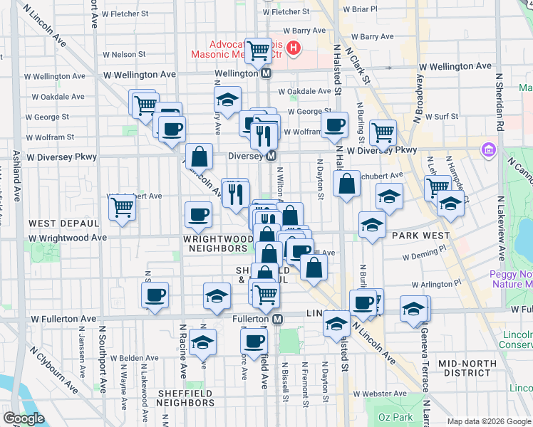 map of restaurants, bars, coffee shops, grocery stores, and more near 2615 North Sheffield Avenue in Chicago
