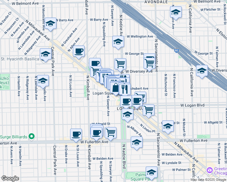 map of restaurants, bars, coffee shops, grocery stores, and more near 2647 North Milwaukee Avenue in Chicago