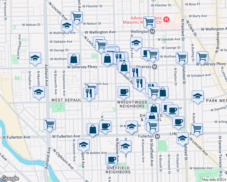 map of restaurants, bars, coffee shops, grocery stores, and more near 2634 North Racine Avenue in Chicago