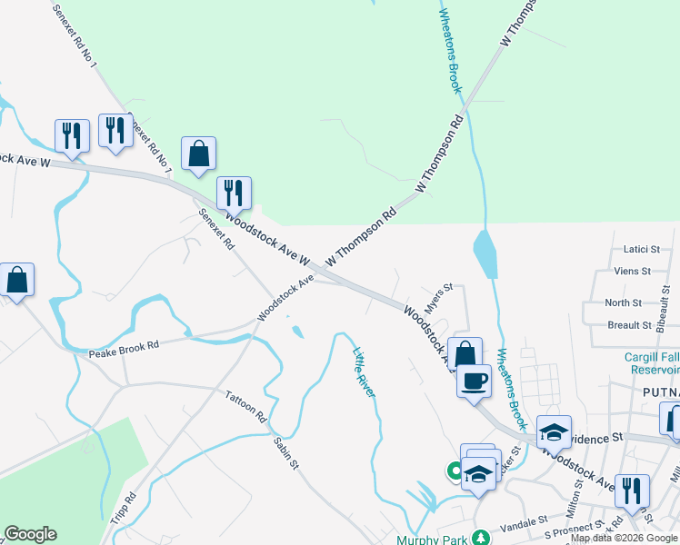map of restaurants, bars, coffee shops, grocery stores, and more near 437 Woodstock Avenue in Putnam