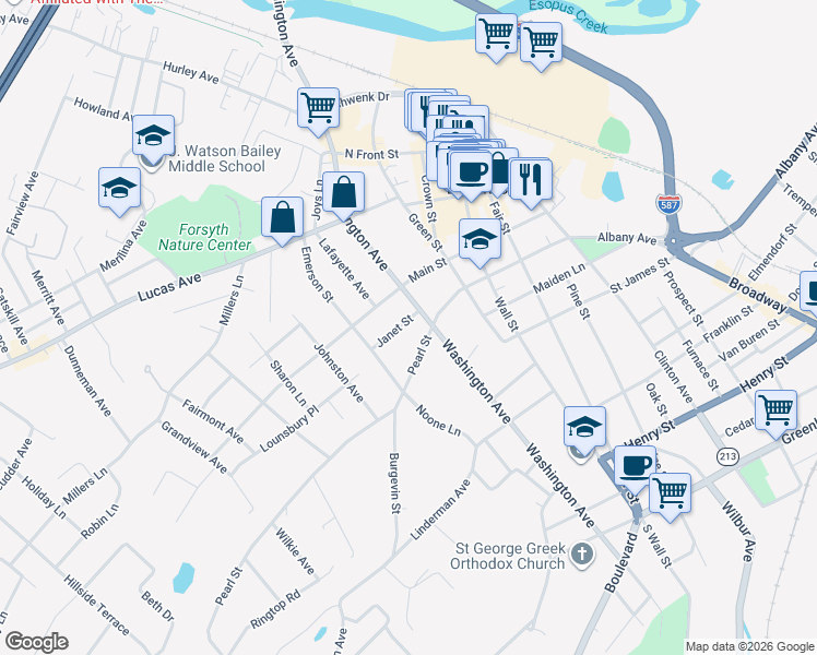 map of restaurants, bars, coffee shops, grocery stores, and more near 155 Pearl Street in Kingston