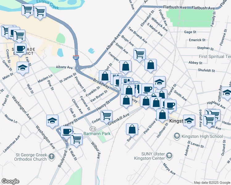 map of restaurants, bars, coffee shops, grocery stores, and more near 625 Broadway in Kingston