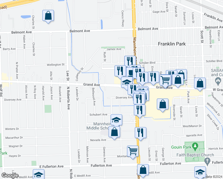 map of restaurants, bars, coffee shops, grocery stores, and more near 10515 Grand Avenue in Franklin Park