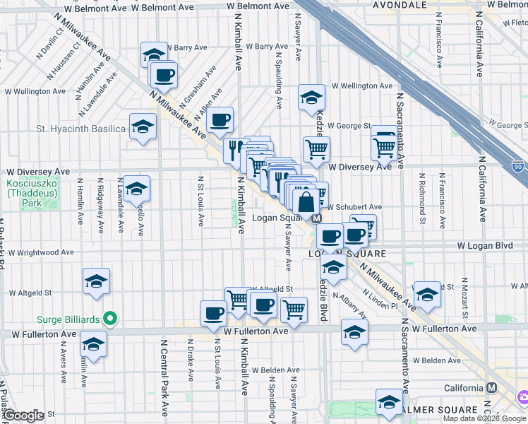 map of restaurants, bars, coffee shops, grocery stores, and more near 2634 North Spaulding Avenue in Chicago