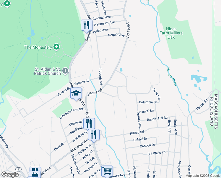 map of restaurants, bars, coffee shops, grocery stores, and more near 9 Woodside Avenue in Cumberland