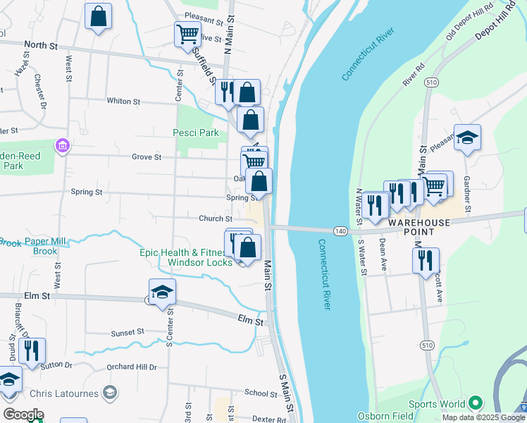 map of restaurants, bars, coffee shops, grocery stores, and more near 25 Canal Bank Road in Windsor Locks