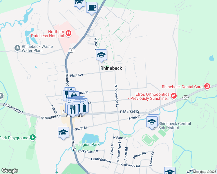 map of restaurants, bars, coffee shops, grocery stores, and more near 50 Chestnut Street in Rhinebeck