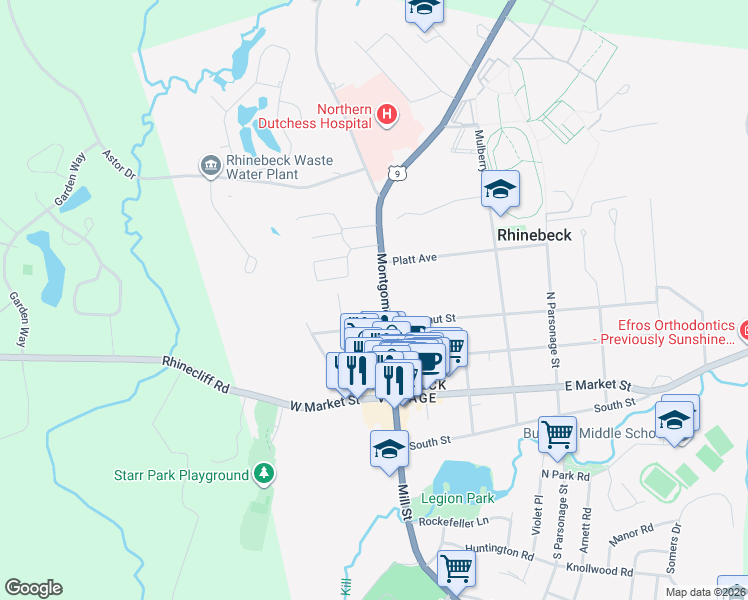 map of restaurants, bars, coffee shops, grocery stores, and more near 38 West Garden Street in Rhinebeck