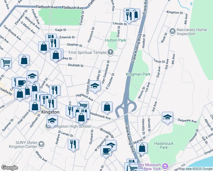 map of restaurants, bars, coffee shops, grocery stores, and more near 120 E Chester St in Kingston
