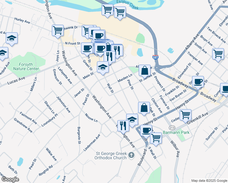 map of restaurants, bars, coffee shops, grocery stores, and more near 183 Wall Street in Kingston