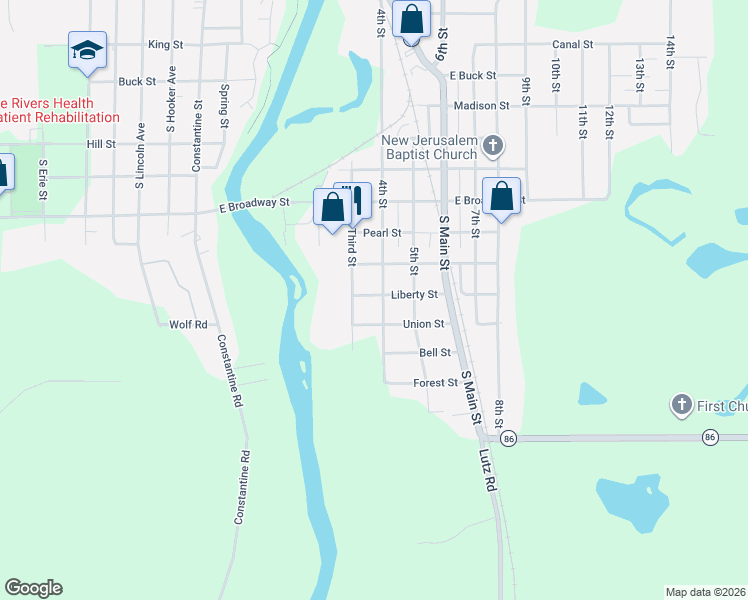 map of restaurants, bars, coffee shops, grocery stores, and more near 1312 3rd Street in Three Rivers