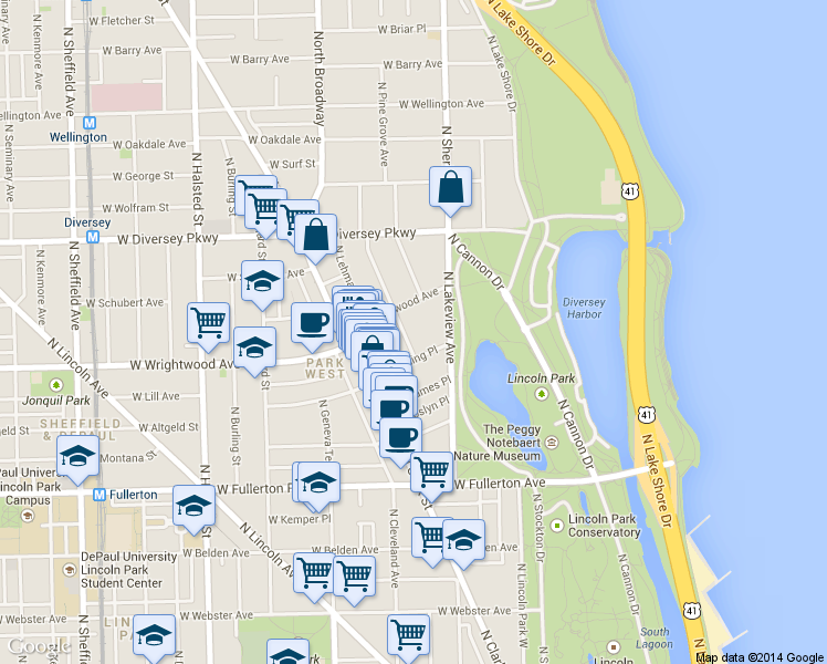 map of restaurants, bars, coffee shops, grocery stores, and more near 432 West Deming Place in Chicago