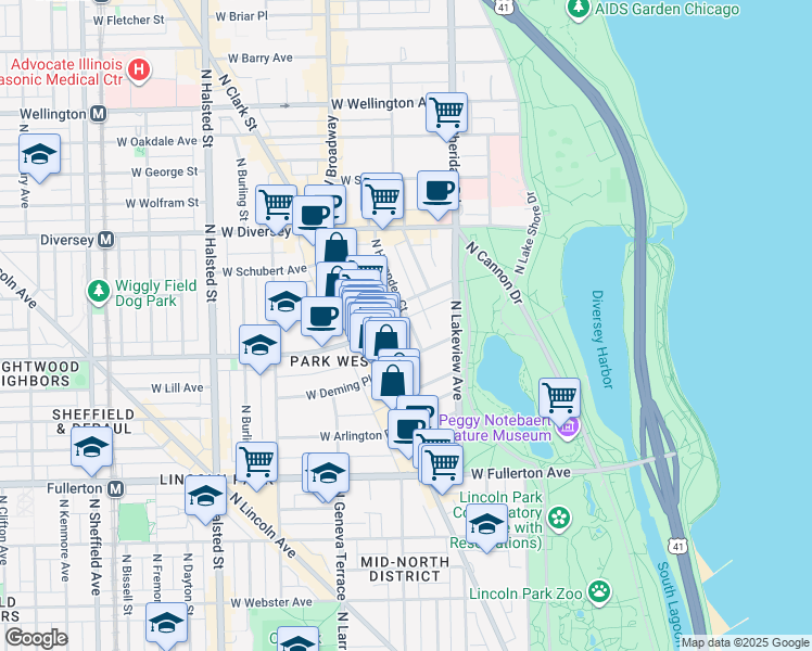 map of restaurants, bars, coffee shops, grocery stores, and more near 2551 North Clark Street in Chicago