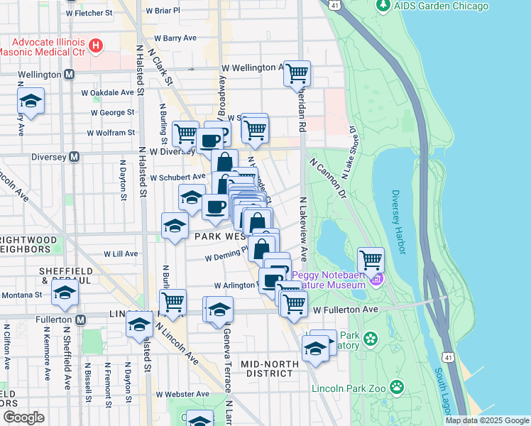 map of restaurants, bars, coffee shops, grocery stores, and more near 2551 North Clark Street in Chicago
