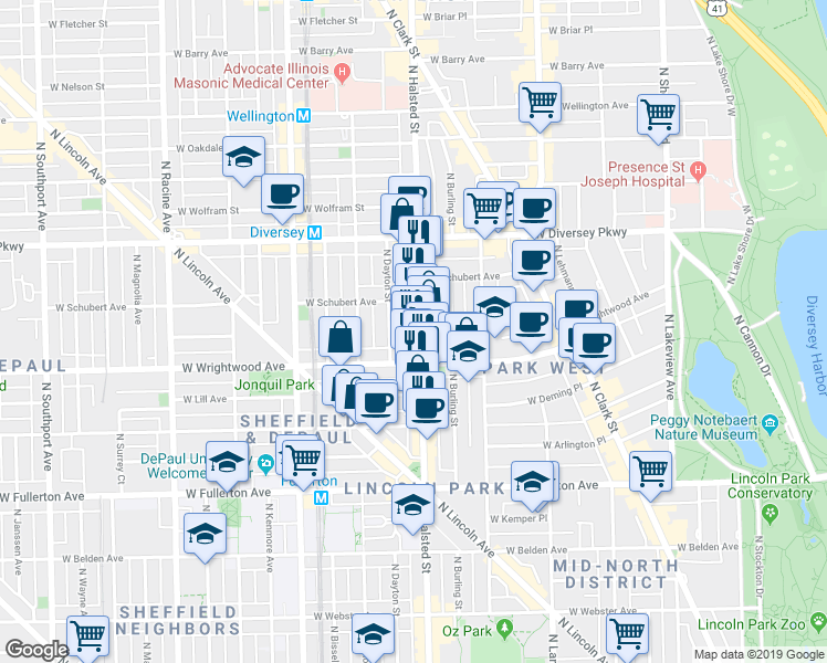 map of restaurants, bars, coffee shops, grocery stores, and more near 812A West Wrightwood Avenue in Chicago