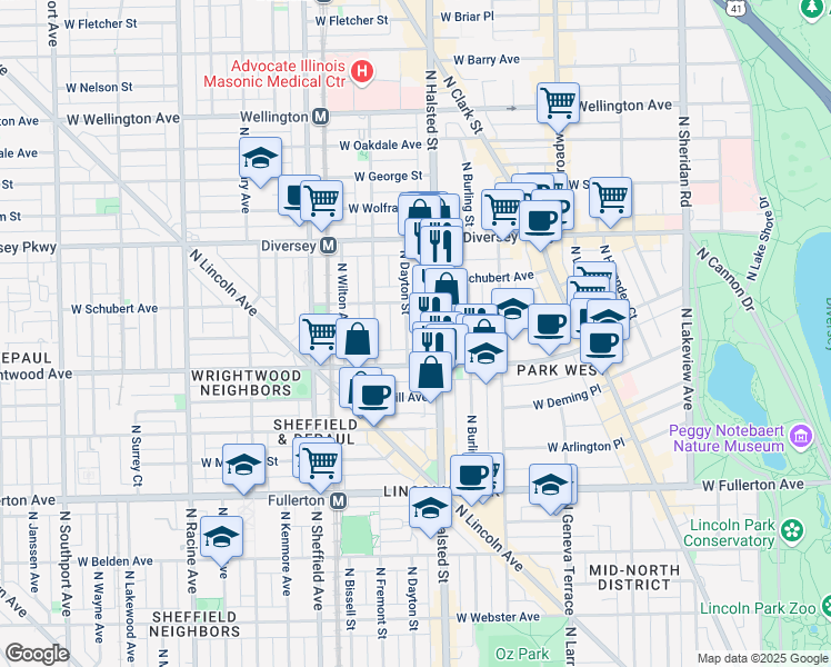 map of restaurants, bars, coffee shops, grocery stores, and more near 812A West Wrightwood Avenue in Chicago