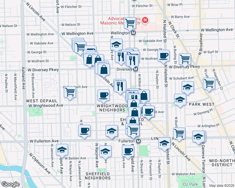 map of restaurants, bars, coffee shops, grocery stores, and more near 2638 North Lincoln Avenue in Chicago