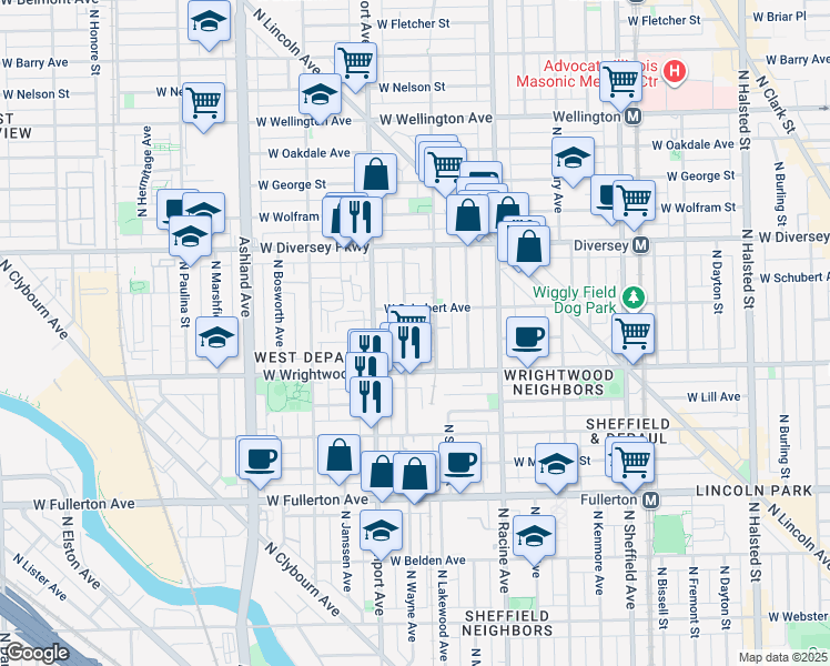 map of restaurants, bars, coffee shops, grocery stores, and more near 2620 North Lakewood Avenue in Chicago