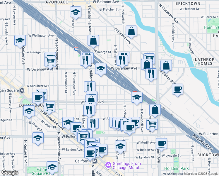 map of restaurants, bars, coffee shops, grocery stores, and more near 2626 North Talman Avenue in Chicago
